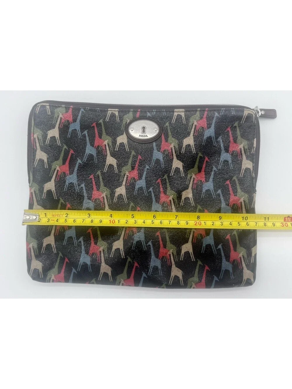 Fossil Key-Per Leather Giraffe Print Zip Pouch Makeup Bag Travel Organizer